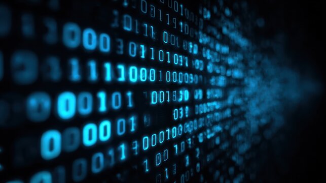 Binary code data stream in blue tones