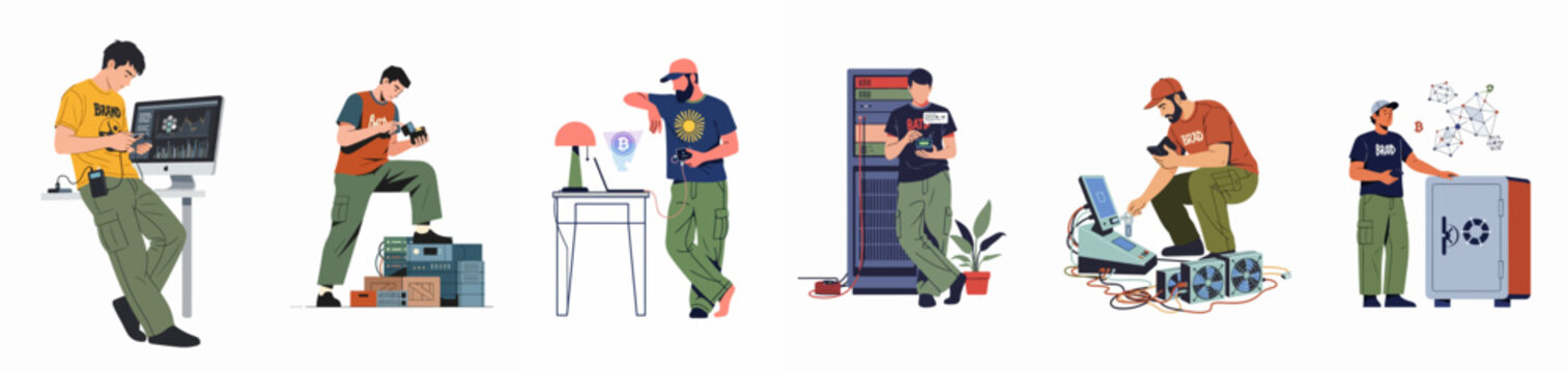 Set of Illustrations Featuring Men Involved in Cryptocurrency Mining, Blockchain Technology, Digital Asset Trading, and Hardware Maintenance Activities on a White Background