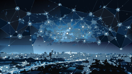 abstract network over city skyline digital connection illustration in blue tones © Riya