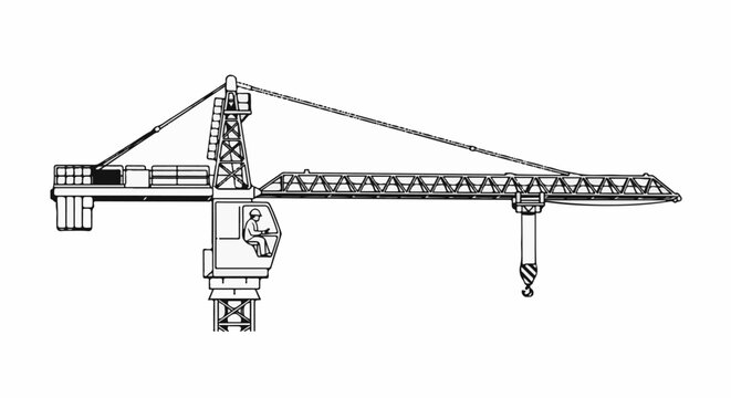 Illustration of a construction tower crane with an operator in the cab