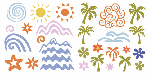 bohemian nature motifs with palm trees suns mountains and floral elements vector illustration © Riya