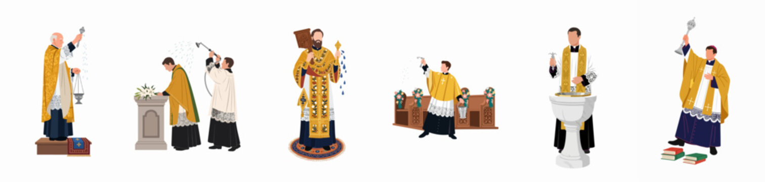 Flat illustration set of Catholic priests and clergy performing religious ceremonies, blessings, and sacraments including baptism and incense rituals, isolated on white.