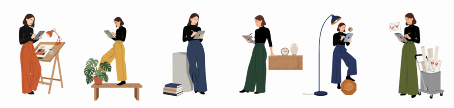 Set of flat vector illustrations featuring a female creative professional using a digital tablet in various workspace environments and poses.