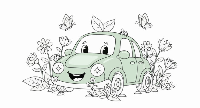 Cheerful cartoon car surrounded by flowers and ladybugs