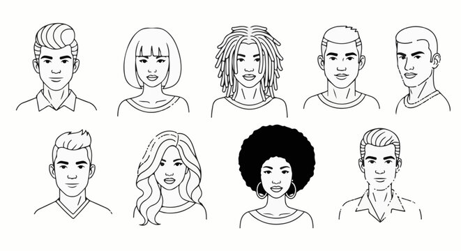 Diverse set of eight diverse line-art avatars featuring varied hairstyles and genders