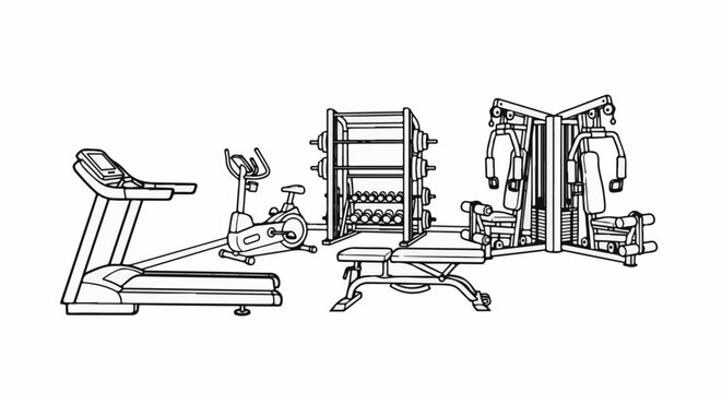 Line art of a gym with cardio machines, weights, and multi-station exercise equipment