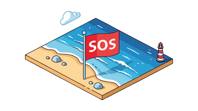 A red signal flag with emergency letters standing on a sandy beach shore next to the blue ocean water with a small lighthouse structure nearby under a sunny sky during a summer season day time