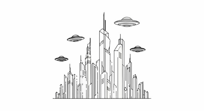 Futuristic cityscape with flying saucers
