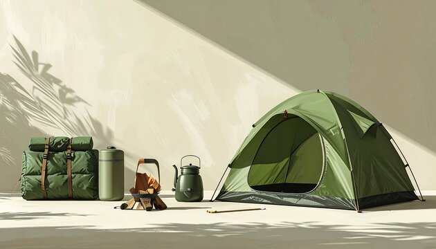 Modern green dome tent with matching camping equipment and small wood fire against abstract painted wall. AI Generative