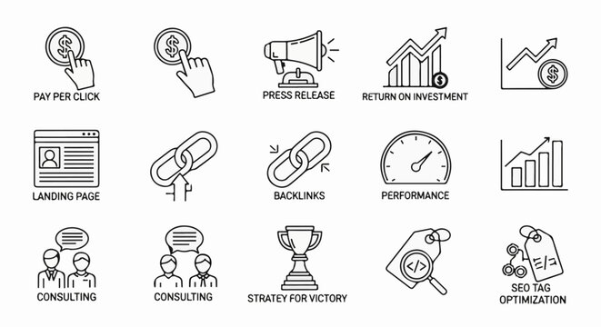 Collection of icons illustrating business and marketing concepts