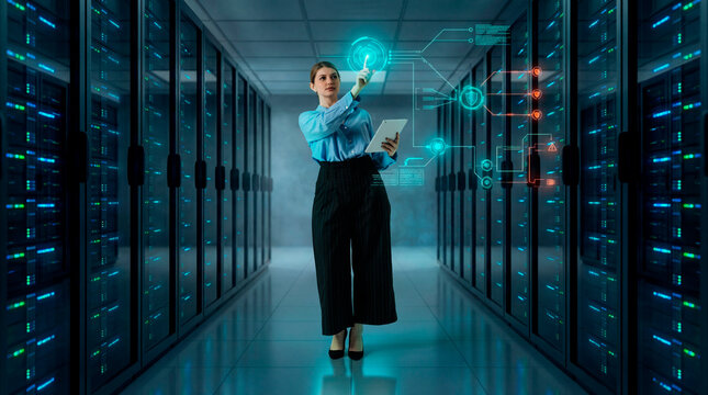 Cybersecurity specialist interacting with digital protection interface in server room