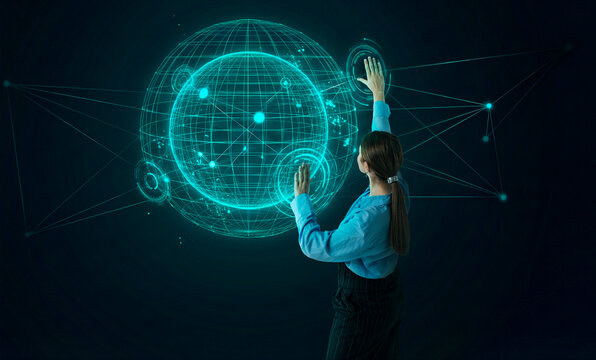 Global network visualization controlled by businesswoman through holographic data interface