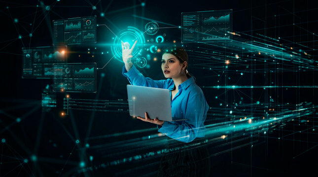 Business professional interacting with digital analytics interface while holding laptop in data network