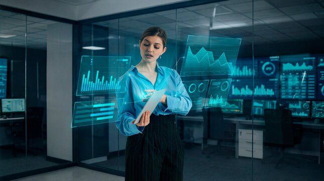 Data analyst reviewing performance charts on tablet in modern office with digital dashboards