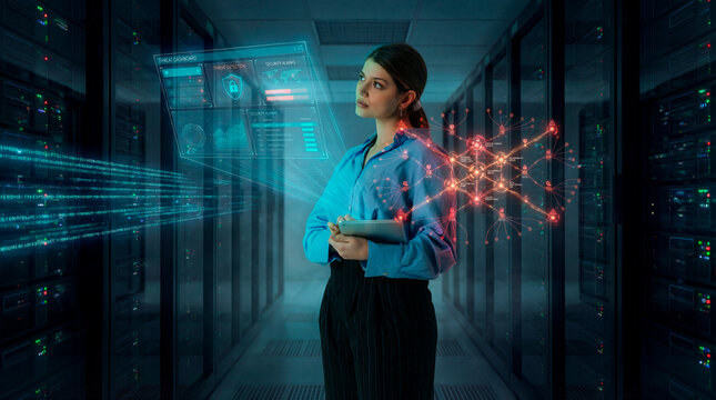 Cybersecurity analyst woman reviewing network threat dashboard in server room