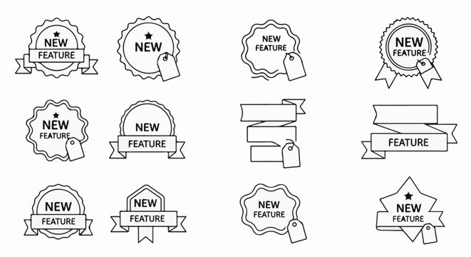 Collection of black and white badges and ribbons announcing new features