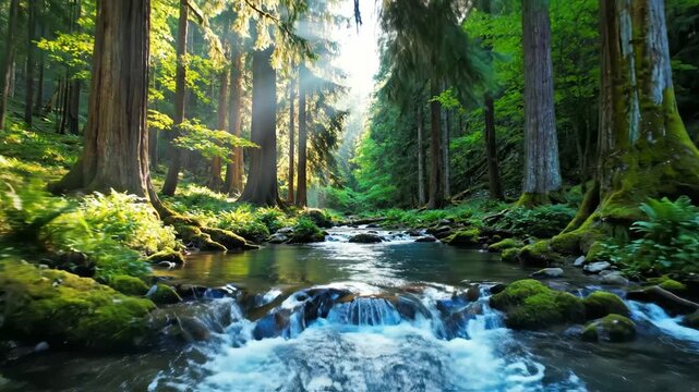 Forest stream with tall trees ideal for travel vlogs and eco-friendly campaigns