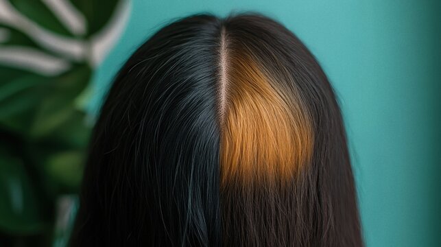 Close-up overhead view of woman's scalp showing split hair, dark roots and lighter colored ends, textured teal background with blurred green leaves.