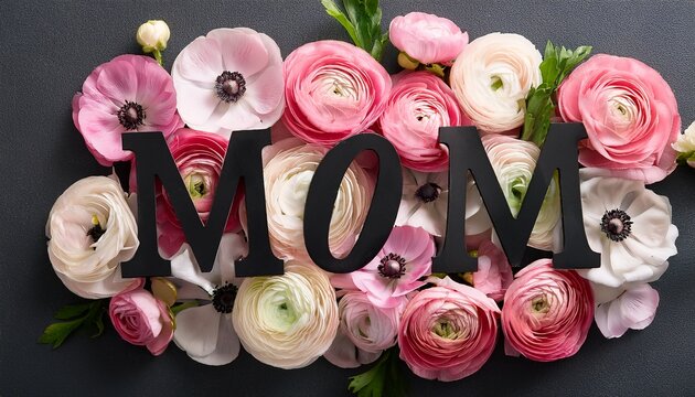 Top view of mom black paper letters and pink and white Buttercup flowers bouquet on dark gray background