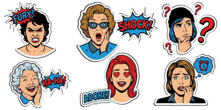 Pop art women emotions and facial expressions sticker set. Comic book style female characters showing fury, shock, confusion, laughter, adoration, and stress