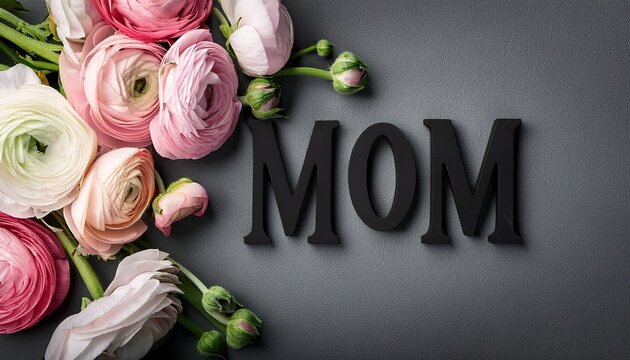 Top view of mom black paper letters and pink and white Buttercup flowers bouquet on dark gray background