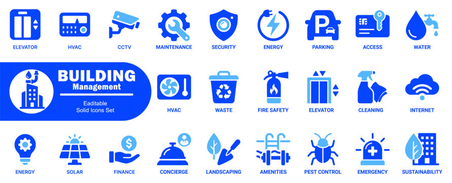 Professional set of building management icons including HVAC maintenance security energy parking access and safety solutions for commercial facilities.