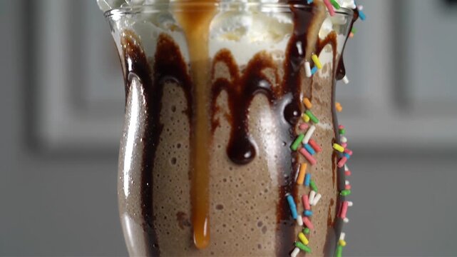 Close up of a decadent chocolate milkshake in a glass with dripping chocolate syrup, caramel sauce, and colorful sprinkles on the rim. Over the top indulgent dessert concept.
