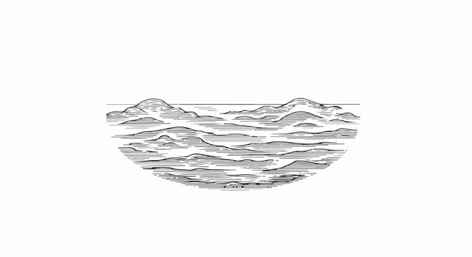 Stylized, abstract, layered hills with a horizon line rendered in a woodcut style