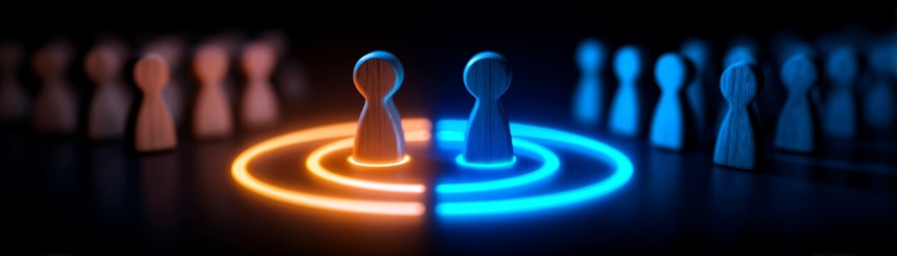 Wooden figure, innovation and solution concept, opportunity, vision, plan, Business success, Wooden Figures Aligning in a Glowing Circle with a Dark Background