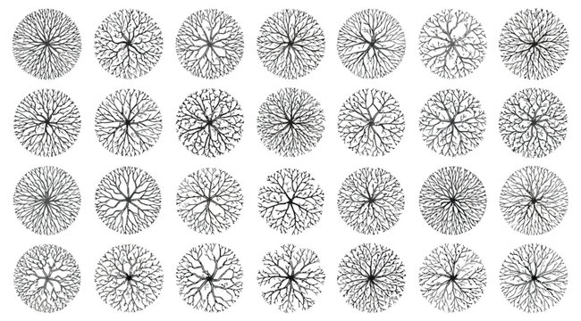 Set of intricate tree crown top view illustrations for landscape architecture