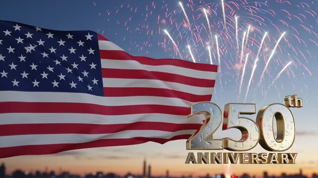 American flag waving with fireworks and 250th anniversary text
