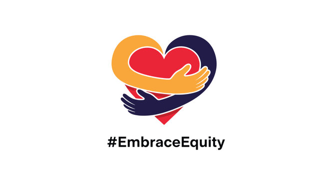 Embrace equity campaign logo for international women day featuring two hands hugging a bright red heart shape.