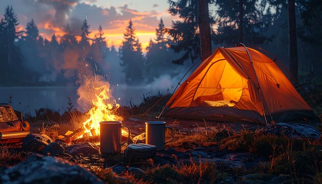 Orange camping tent illuminated by warm glow beside a cozy evening campfire near forest lake at golden hour. AI Generative