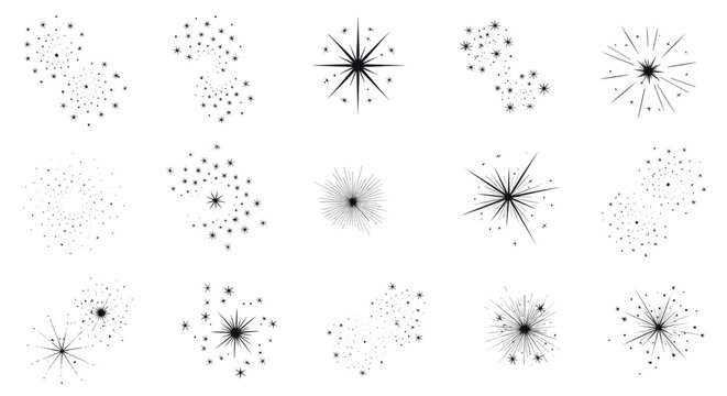 Collection of black firework and sparkler icons in various shapes and sizes for festive celebration and New Years Eve designs.