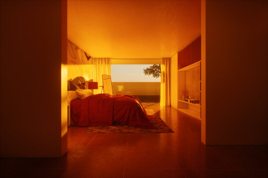 Modern bedroom with a double bed and glass sliding door lit during golden hour. 3D render.
