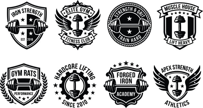 Set of eight vintage gym and fitness club emblems with dumbbells and wings in black and white style for bodybuilding branding and logo design
