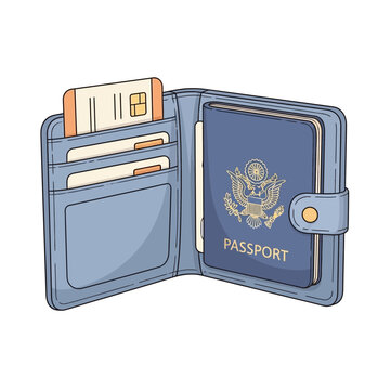 Open blue wallet with US passport, credit card, and documents