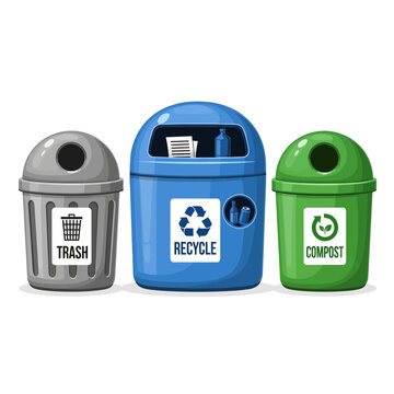 Recycling bins for trash, recycle, and compost with symbols