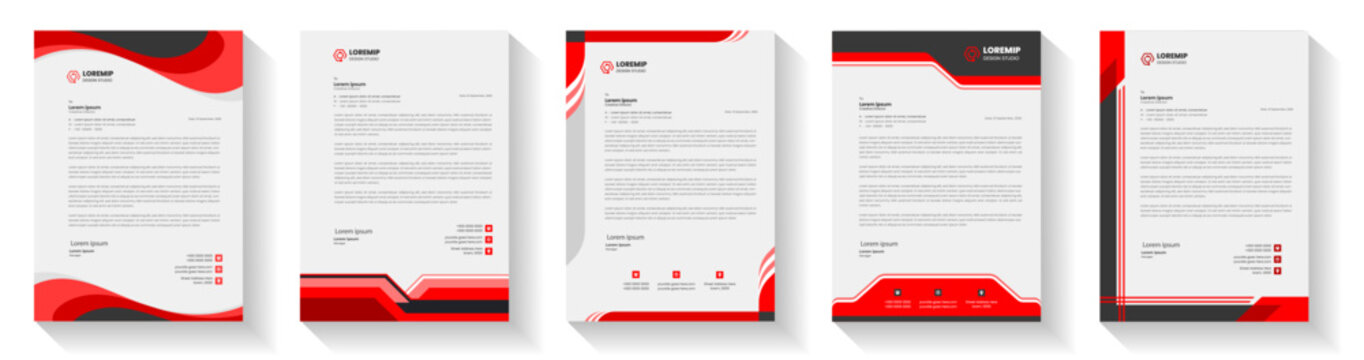 Red and black modern business letterhead templates with wavy lines and geometric shapes on white background  various layouts and designs for corporate documents