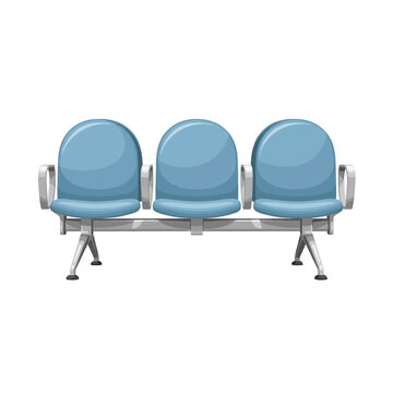Row of three blue waiting room chairs with metal frame on white background