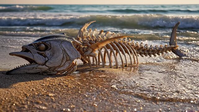 Large Fish Skeleton and Skull on Sandy Beach with Ocean Waves at Sunset