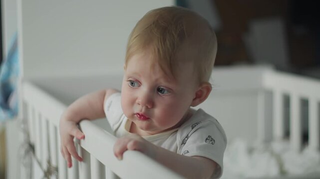 Baby in crib holding side rail and practicing standing posture. Baby milestones movement skills and coordination