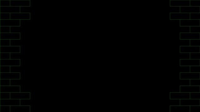Digital brick wall breaking animation, abstract green wireframe blocks exploding on black background
