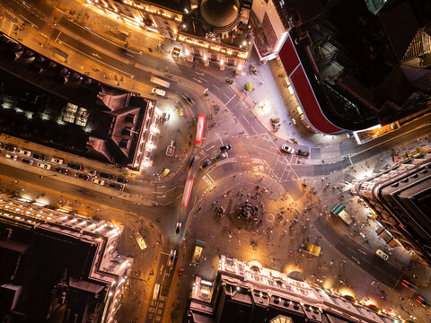Piccadilly circus london night aerial cityscape traffic