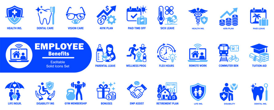 Employee benefits icon set. with solid blue symbols. Featuring health insurance dental care vision plan paid time off sick leave and commuter benefit designs.