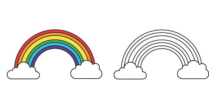 Cute cartoon rainbow with clouds. Colored illustration and black and white line art outline version for children's coloring book or graphic design.