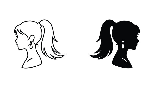 Side profile silhouette of a woman with a high ponytail and earring in outline and solid black styles for beauty salon logo design