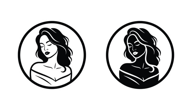 Elegant woman portrait icon vector illustration featuring beautiful female profile in circular frame in both detailed outline and solid black styles