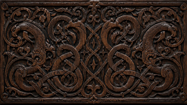 Viking Urnes Style Wood Carving with Interlacing Dragons, RPG Game Interface and Fantasy Book Cover Background