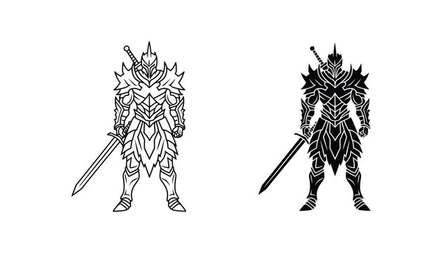 Knight in full plate armor holding a longsword in a standing combat stance vector illustration in black and white styles